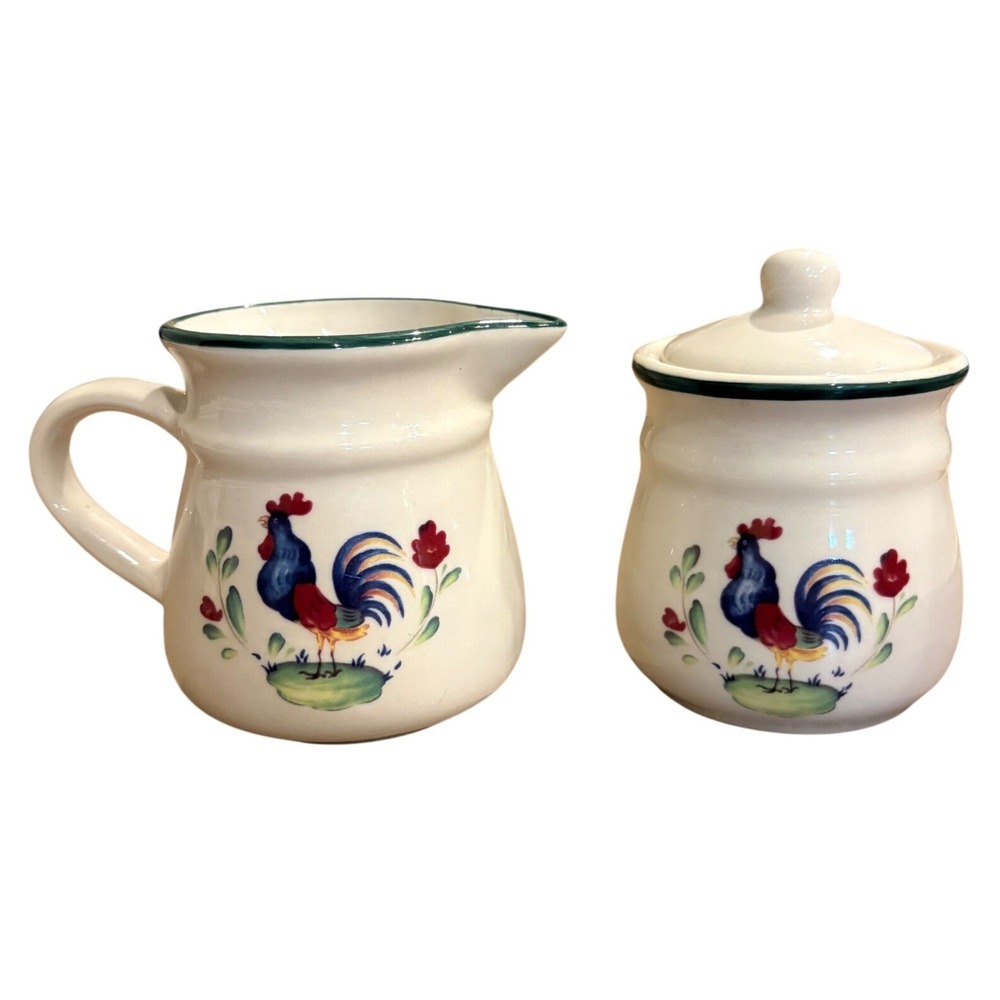International Tableworks Rooster Stoneware Creamer & Covered Sugar Bowl Set